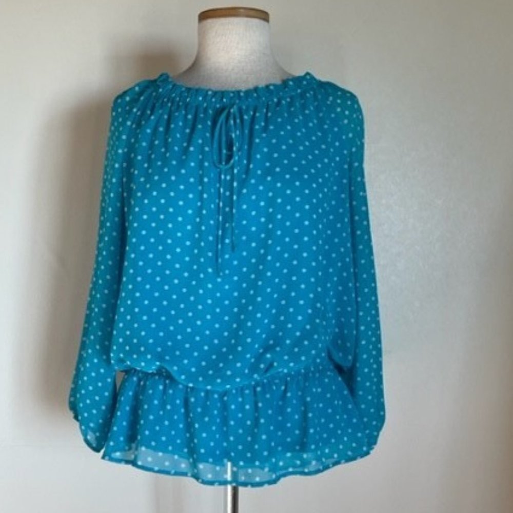 Ann Taylor Lined Turquoise White Dot Chiffon Crepe Blousey Top Shirt size L